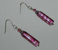 Murano  Glass Long Silver Foil and Pink Glass Earrings in Sterling Silver