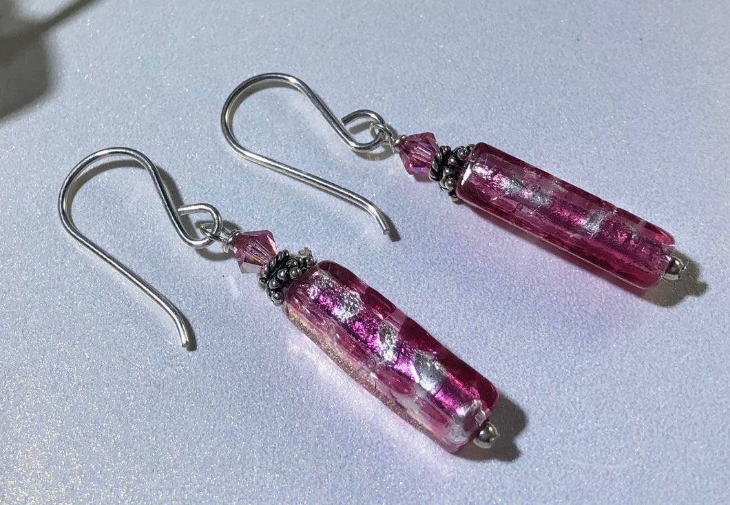 Murano  Glass Long Silver Foil and Pink Glass Earrings in Sterling Silver