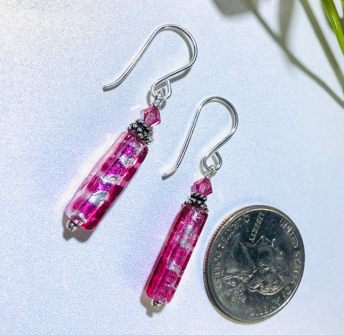 Murano  Glass Long Silver Foil and Pink Glass Earrings in Sterling Silver