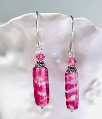 Murano  Glass Long Silver Foil and Pink Glass Earrings in Sterling Silver