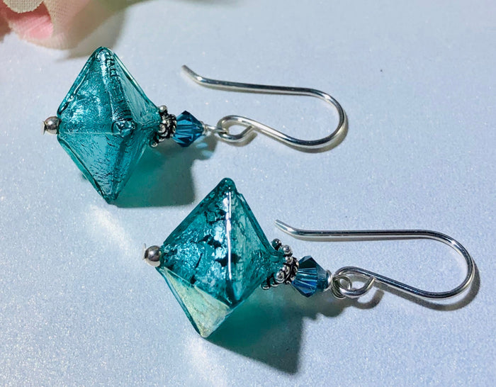 Murano Glass Teal Abstract Earrings in Sterling Silver