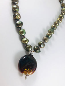 Green Murano Glass and Pearl Necklace in Sterling Silver