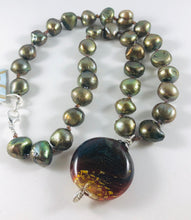 Load image into Gallery viewer, Green Murano Glass and Pearl Necklace in Sterling Silver
