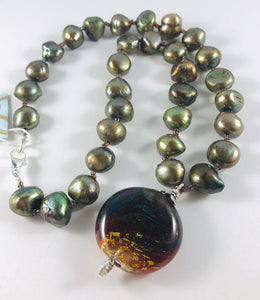 Green Murano Glass and Pearl Necklace in Sterling Silver