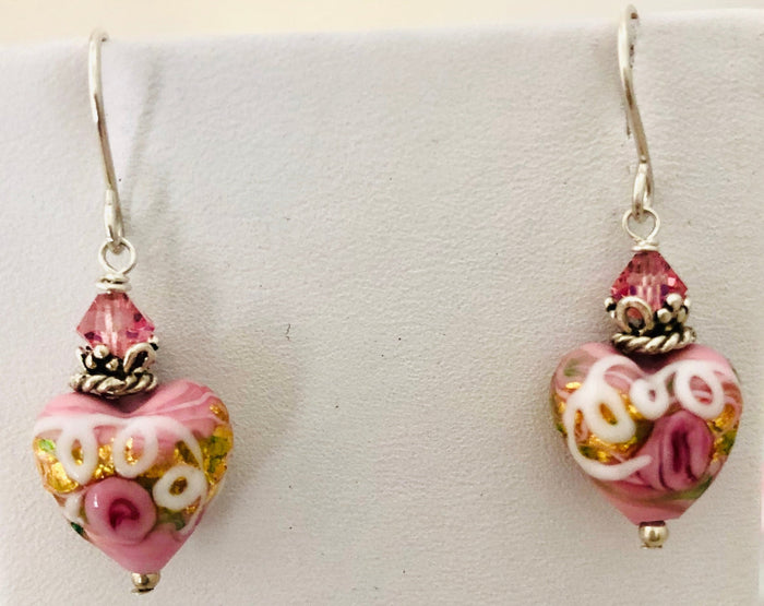 Pink Wedding Cake Heart Bead Earrings in Sterling Silver