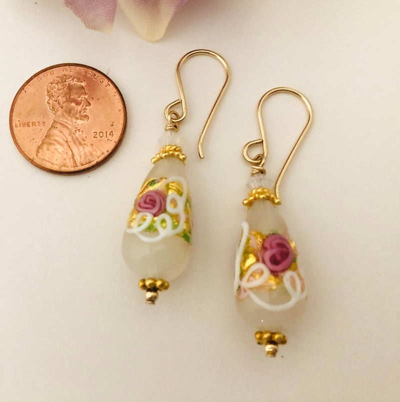 White and Pink Venetian Wedding Cake Earrings in 14K Gold Fill