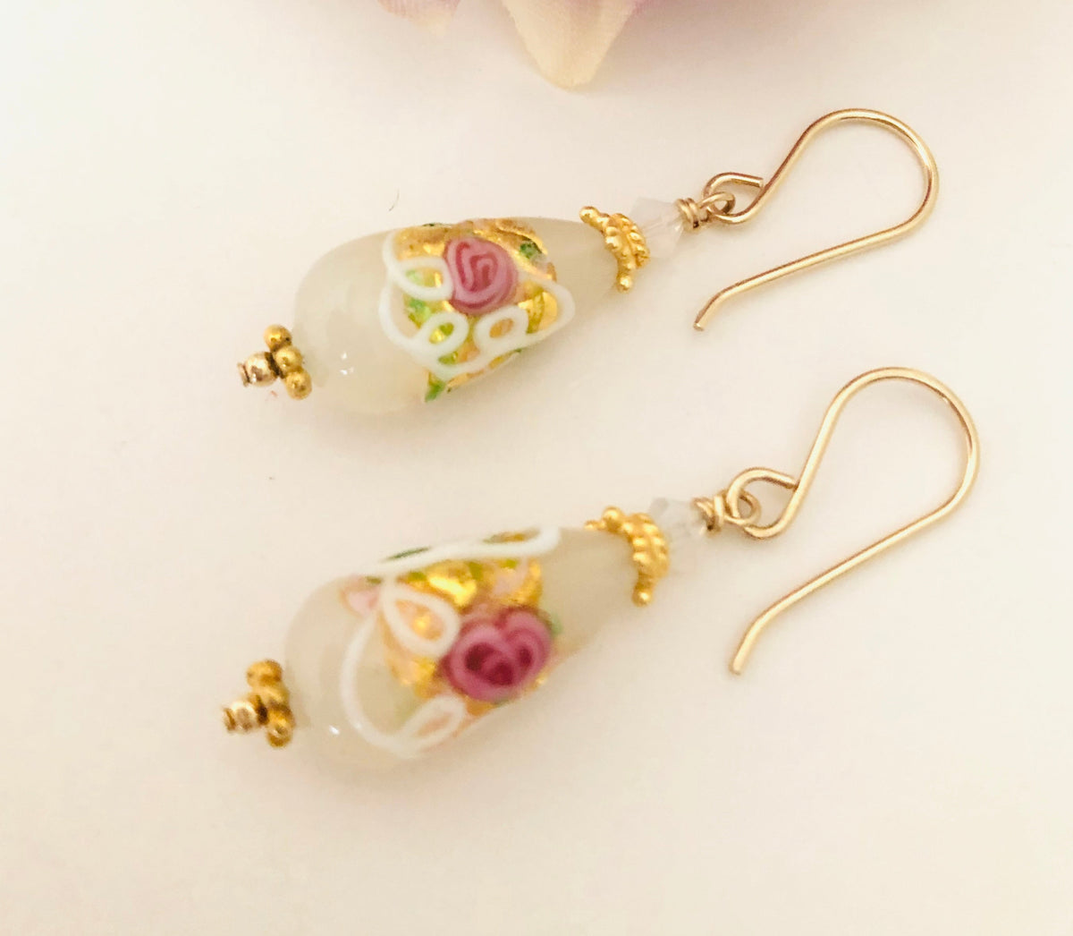 White and Pink Venetian Wedding Cake Earrings in 14K Gold Fill