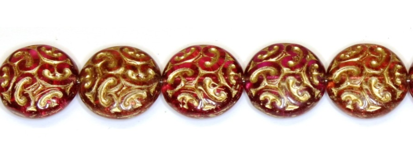 Peach & Gold Coin Czech Glass Beads, 12MM