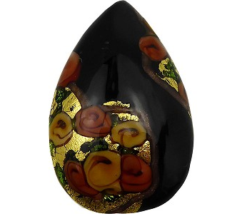 Murano Glass Bead Bed of Roses Exterior Gold Foil Flat Teardrop 40mm Black