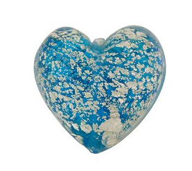 Murano Foil Aqua Puffy Heart Glass Bead, 17MM