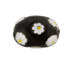 Black and White Daisy Murano Glass Oval Bead, 20MM