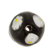 Black and White Daisy Murano Glass Oval Bead, 20MM