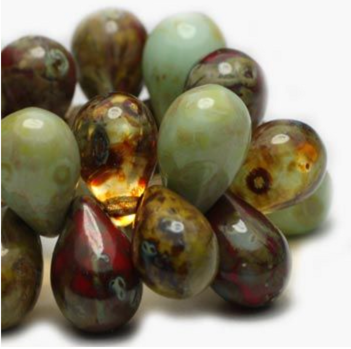 Drop Mix of Amber, Tea Green, Ladybug and Olive with Picasso Finish, 6 MM x 9 MM