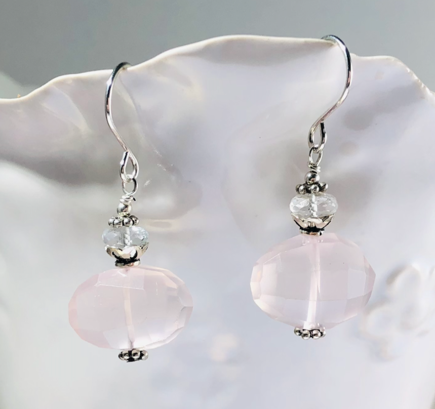 Rose Quartz and White Topaz Nugget Dangle Earrings in Sterling Silver