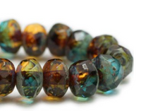 Czech Glass Teal and Amber Rondell with Picasso Finish, 5MM x 7MM