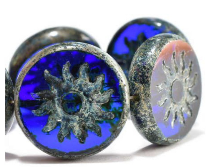 Czech Glass Sun Coin Sapphire Blue, 22 MM