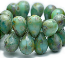 Load image into Gallery viewer, Czech Glass Sea Green Drop with Picasso Finish, 6 MM x 9 MM
