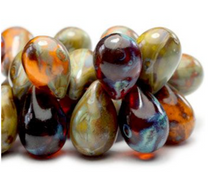 Load image into Gallery viewer, Czech Glass Drop Mix of Brown, Orange and Olive with Picasso Finish 6 Mm x 9 MM
