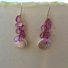 Load image into Gallery viewer, Large White Coin Pearl and Pink Topaz Earrings in 14K Gold Fill
