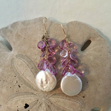 Load image into Gallery viewer, Large White Coin Pearl and Pink Topaz Earrings in 14K Gold Fill
