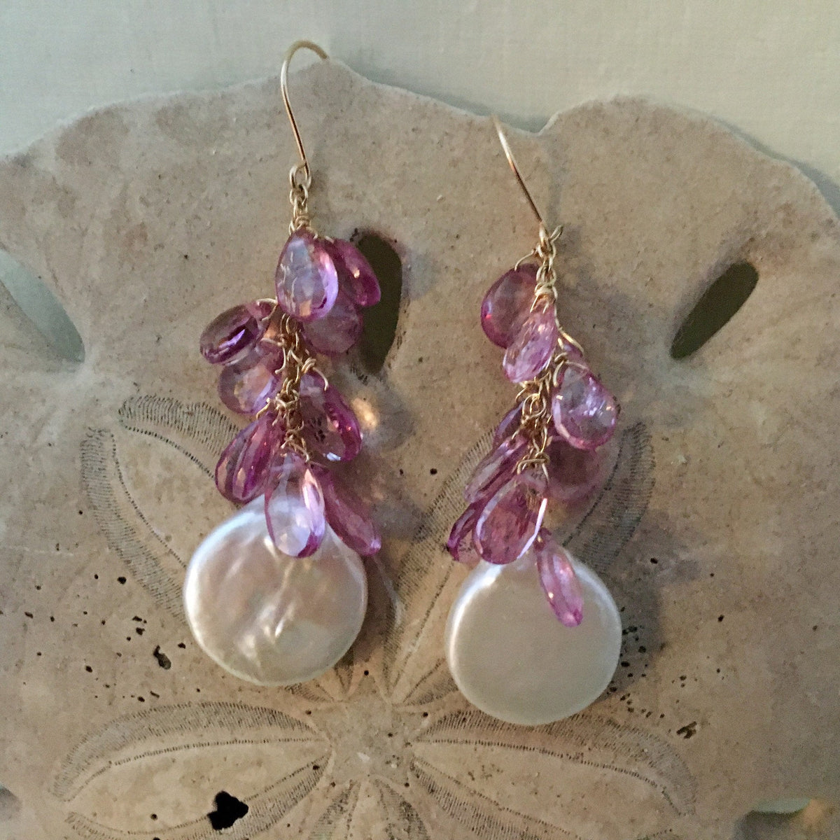 Large White Coin Pearl and Pink Topaz Earrings in 14K Gold Fill