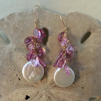 Large White Coin Pearl and Pink Topaz Earrings in 14K Gold Fill