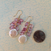 Load image into Gallery viewer, Large White Coin Pearl and Pink Topaz Earrings in 14K Gold Fill
