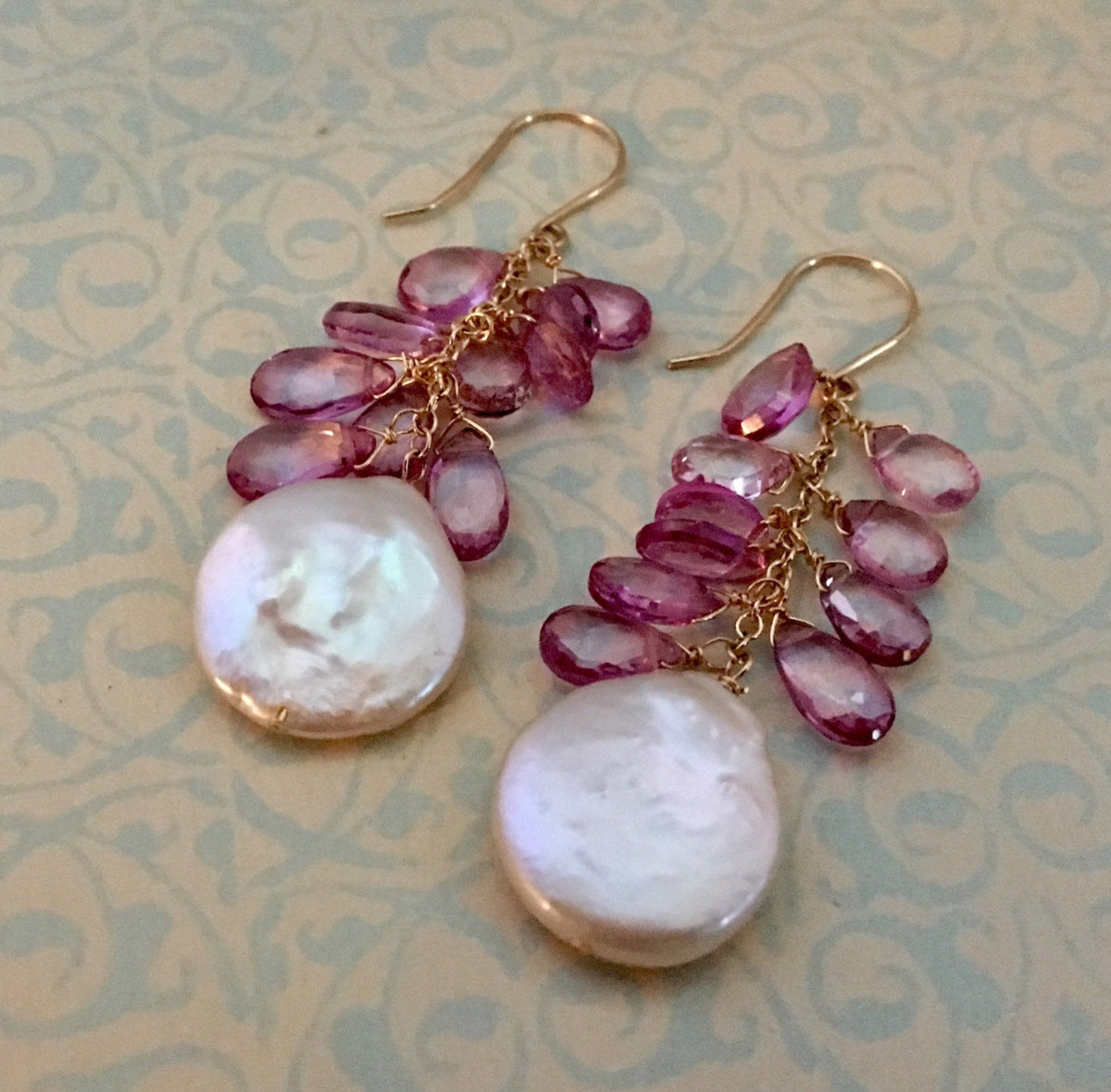 Large White Coin Pearl and Pink Topaz Earrings in 14K Gold Fill