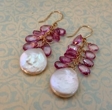 Load image into Gallery viewer, Large White Coin Pearl and Pink Topaz Earrings in 14K Gold Fill
