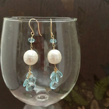 Load image into Gallery viewer, Swiss Blue Topaz and Pearl Earrings in 14K Gold Fill
