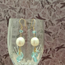 Load image into Gallery viewer, Swiss Blue Topaz and Pearl Earrings in 14K Gold Fill
