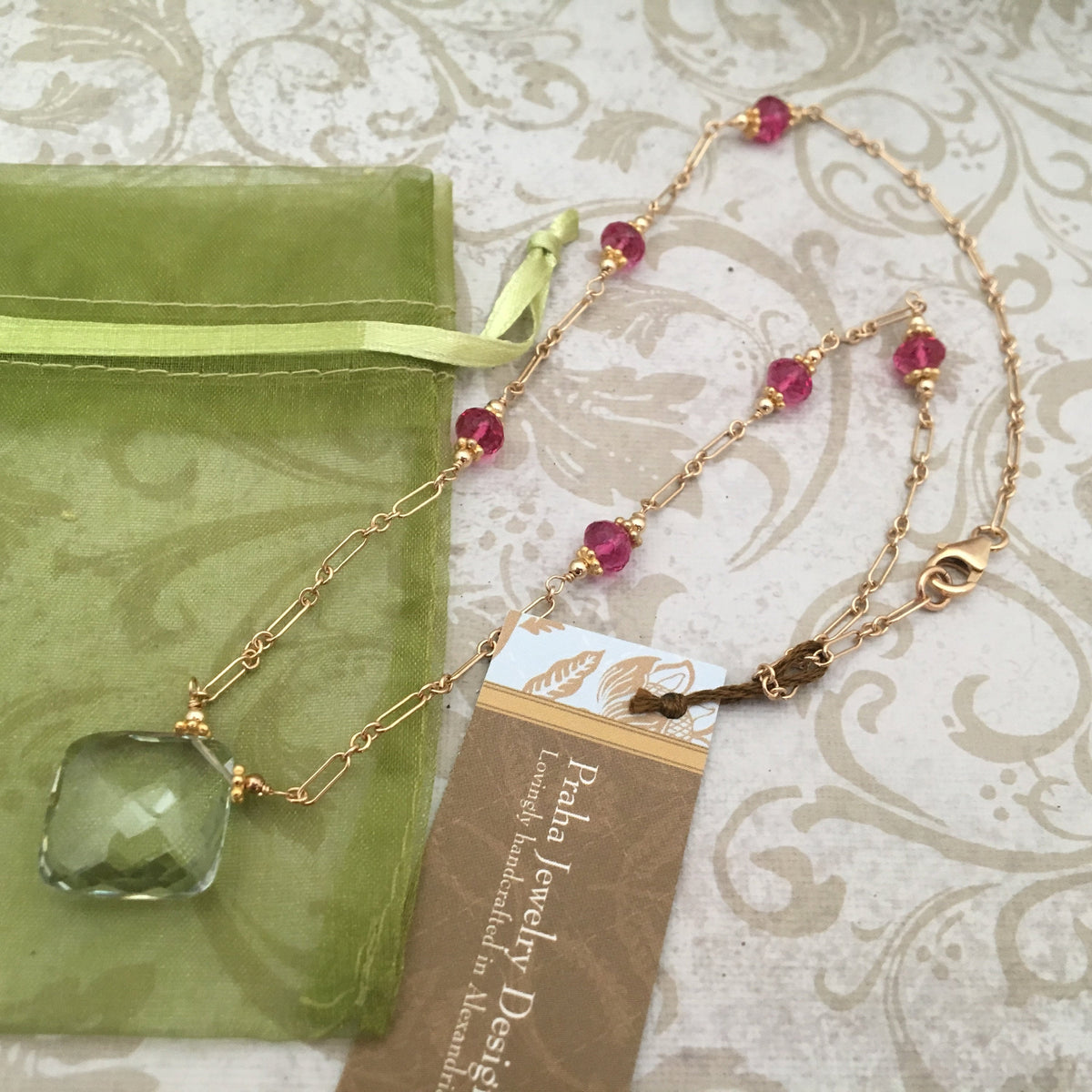 Green Amethyst and Fuchsia Necklace in 14K Gold Fill