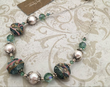 Load image into Gallery viewer, Green Lamp Work Glass and Freshwater Pearl Necklace in Sterling Silver
