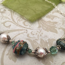 Load image into Gallery viewer, Green Lamp Work Glass and Freshwater Pearl Necklace in Sterling Silver
