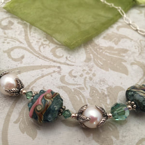 Green Lamp Work Glass and Freshwater Pearl Necklace in Sterling Silver