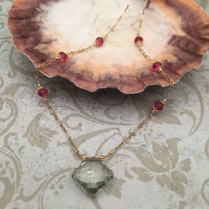 Green Amethyst and Fuchsia Necklace in 14K Gold Fill