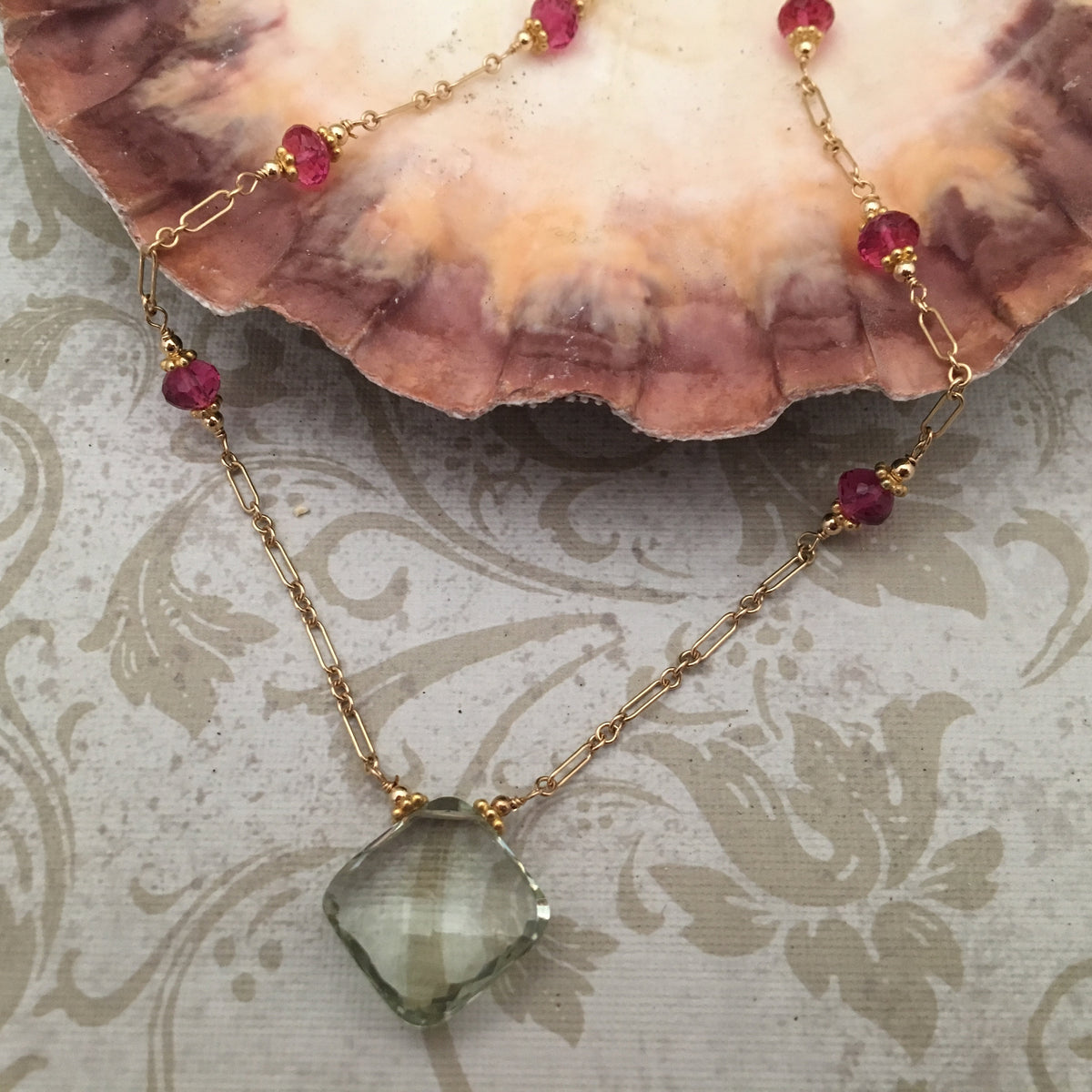 Green Amethyst and Fuchsia Necklace in 14K Gold Fill