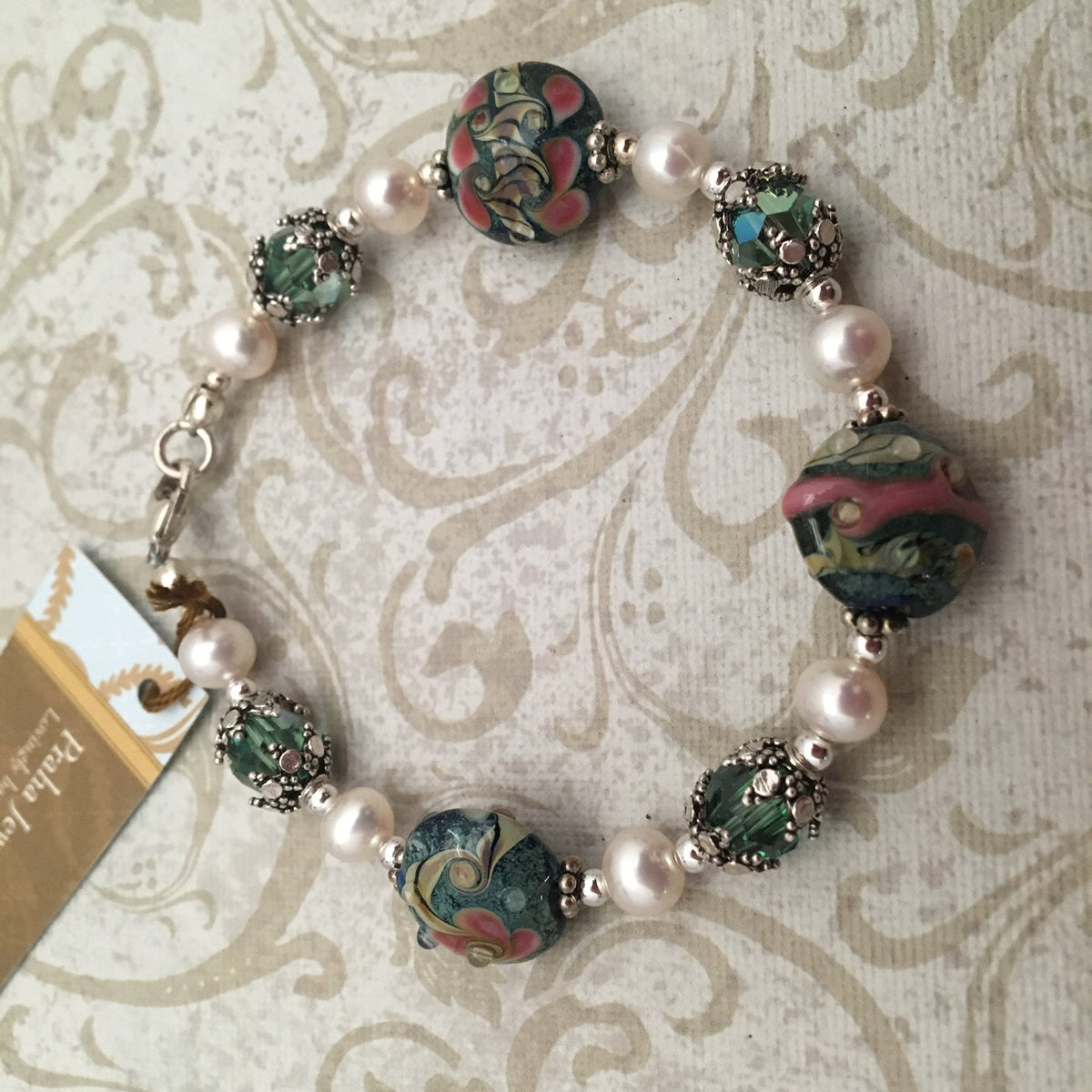 Lampwork Glass and Freshwater Pearl Bracelet in Sterling Silver