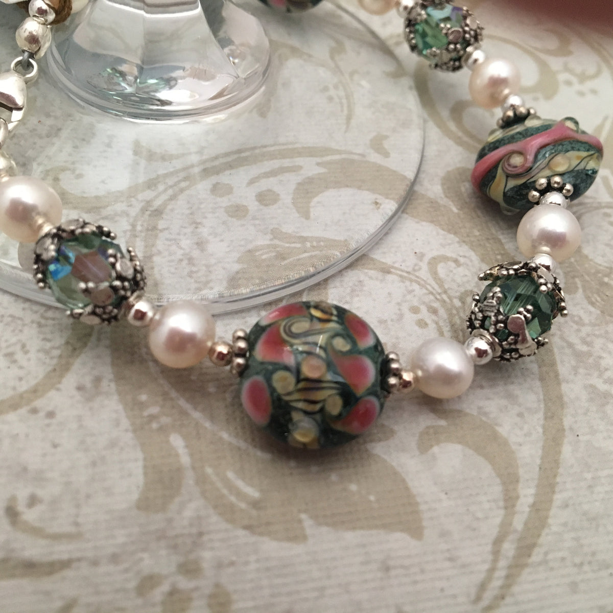 Lampwork Glass and Freshwater Pearl Bracelet in Sterling Silver