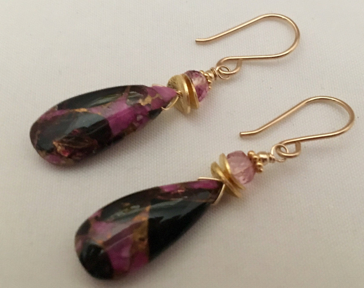 Pink Copper Obsidian Composite Earrings in 14K Gold Fill