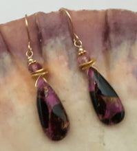 Load image into Gallery viewer, Pink Copper Obsidian Composite Earrings in 14K Gold Fill
