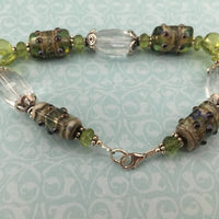 Lampwork Glass Bead Bracelet with Peridot and Crystal Quartz in Sterling Silver