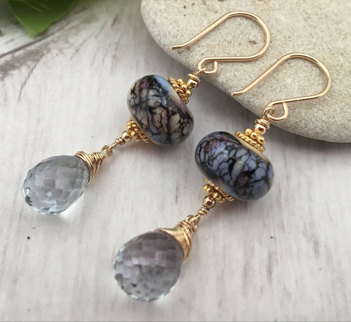 Blue Lampwork and Gemstone Earrings in 14K Gold Fill