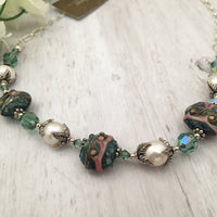 Green Lamp Work Glass and Freshwater Pearl Necklace in Sterling Silver