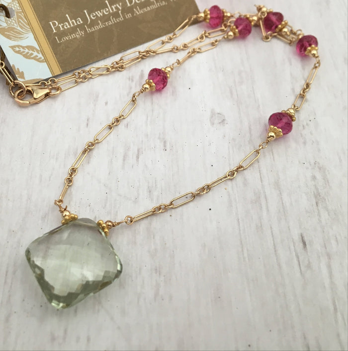 Green Amethyst and Fuchsia Necklace in 14K Gold Fill