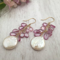 Large White Coin Pearl and Pink Topaz Earrings in 14K Gold Fill