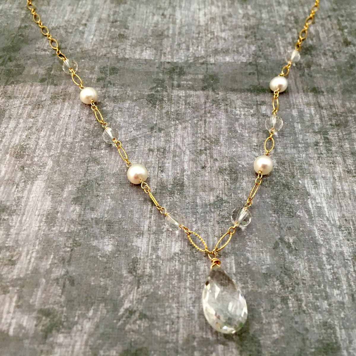 Crystal Quartz and Freshwater Pearl Necklace in 14K Gold Fill