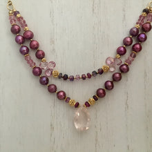 Load image into Gallery viewer, Two Strand Rose Quartz and Burgundy Pearl Necklace in 14K Gold Fill
