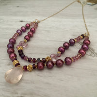 Two Strand Rose Quartz and Burgundy Pearl Necklace in 14K Gold Fill