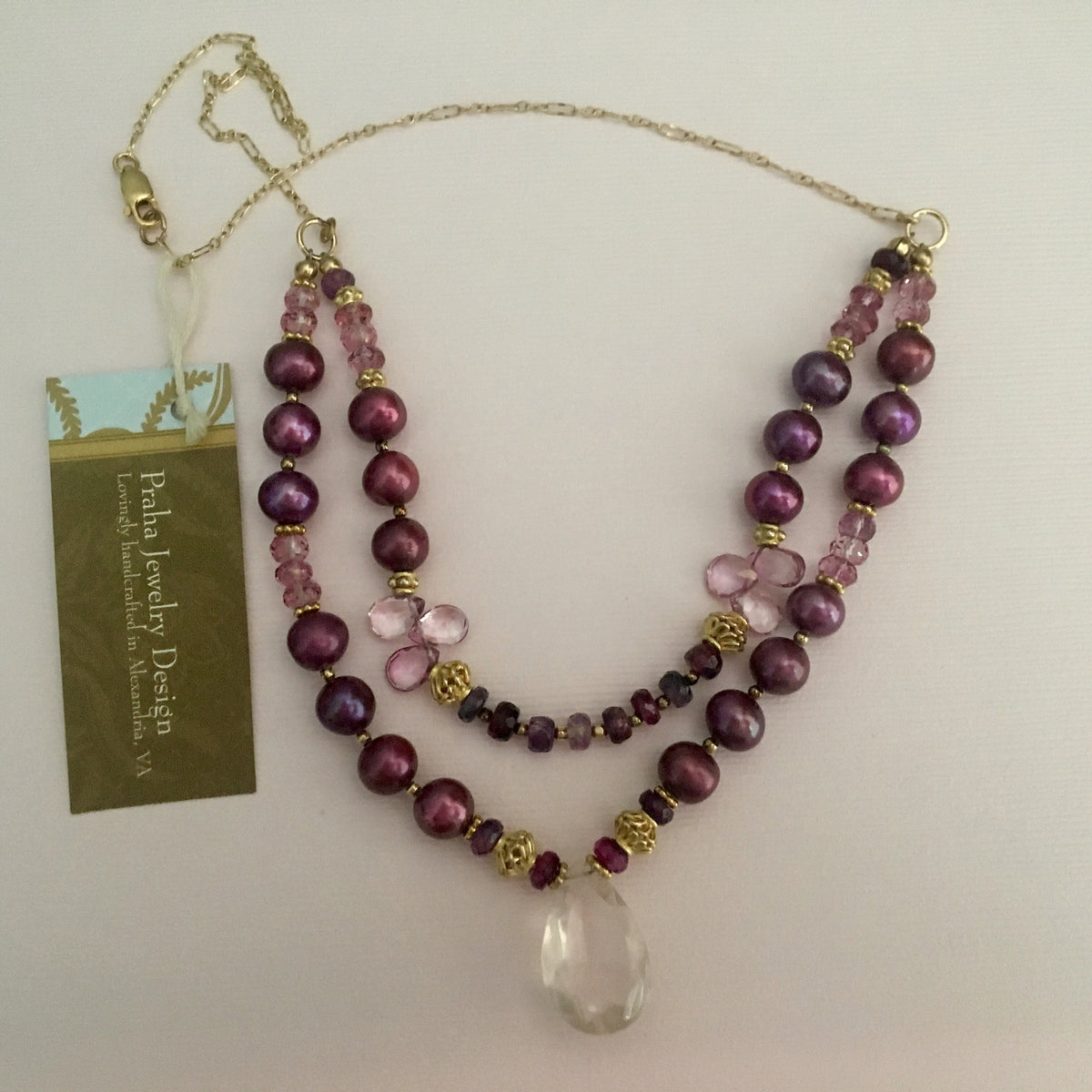 Two Strand Rose Quartz and Burgundy Pearl Necklace in 14K Gold Fill